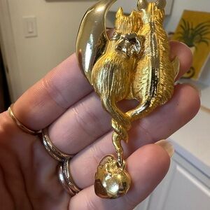 Vintage Gold Cat and the moon Duo Brooch with Heart Charm